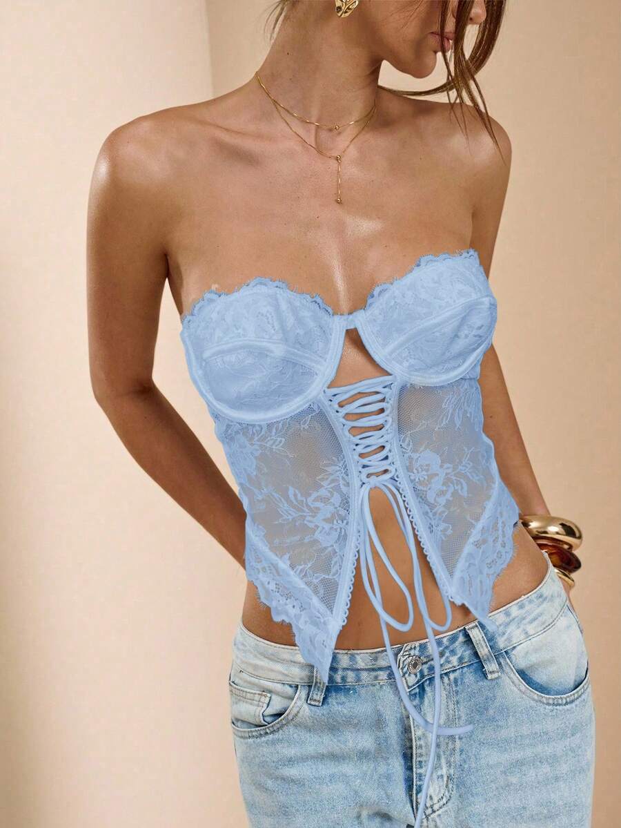 SHEIN BAE Áo ống hở lưng phối ren chắp vá viền bất đối xứng thời trang đa năng cho dự tiệc/nghỉ dưỡng của nữ - Màu xanh nhạt - Xem 1