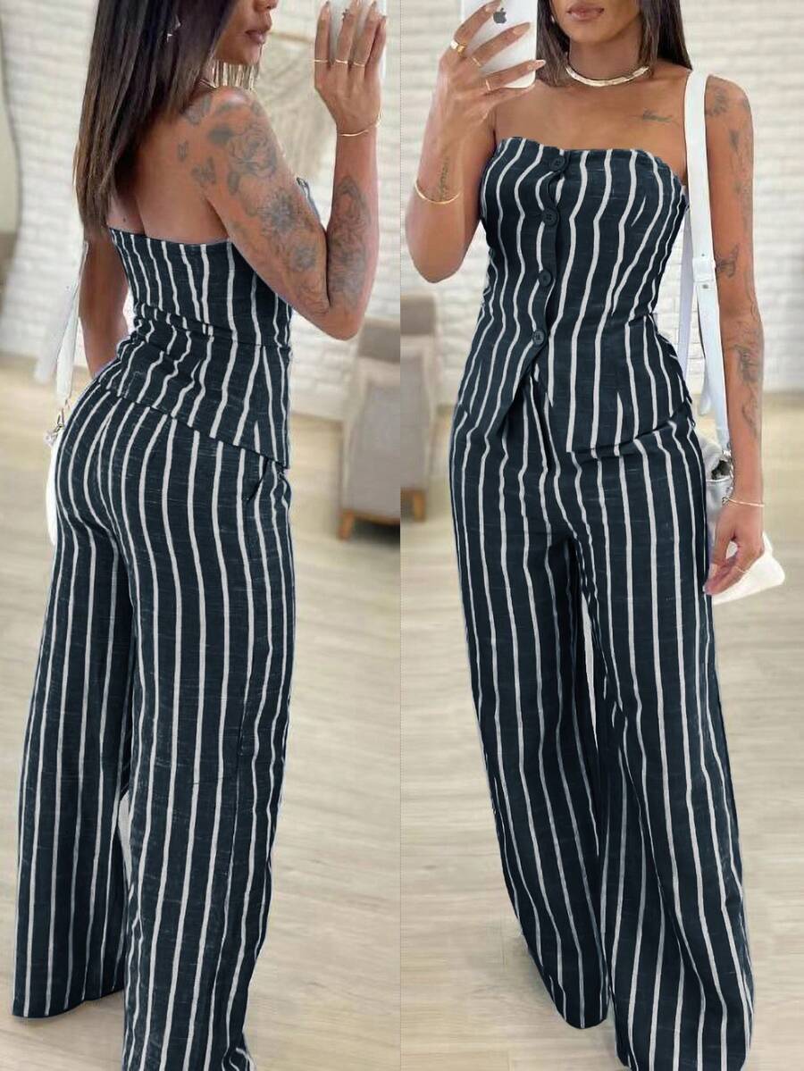 SHEIN Essnce Women's Striped Bandeau Top And Wide Leg Pants Fashion Suit, Suitable For Vacation And Commute - Royal Blue - View 1