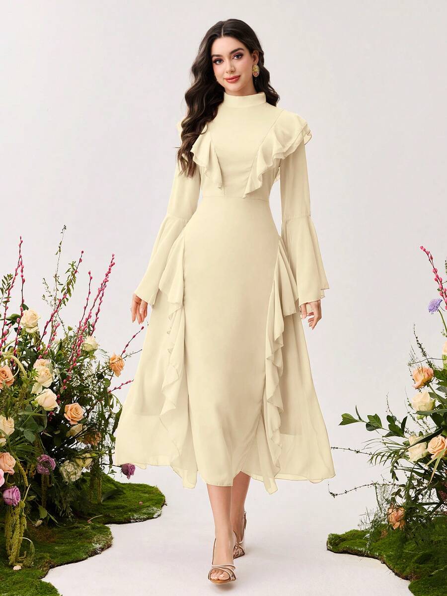 Modelyn 女士荷叶边喇叭袖长款修身连衣裙 - 黃色 - 查看 1