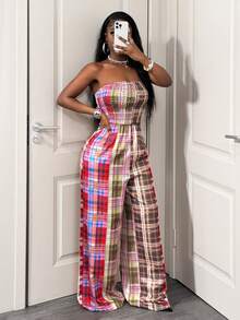 SHEIN BamGlam Quần ống rộng không tay, lưng thun, quần liền thân in họa tiết caro nhiều màu, quần ống rộng, và quần âu, thời trang và gợi cảm - Nhiều màu - Xem 6
