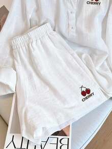 Resyla Women's Letter & Cherry Embroidery Long Sleeve Shirt And Shorts Casual 2 Pieces Set - White - View 4