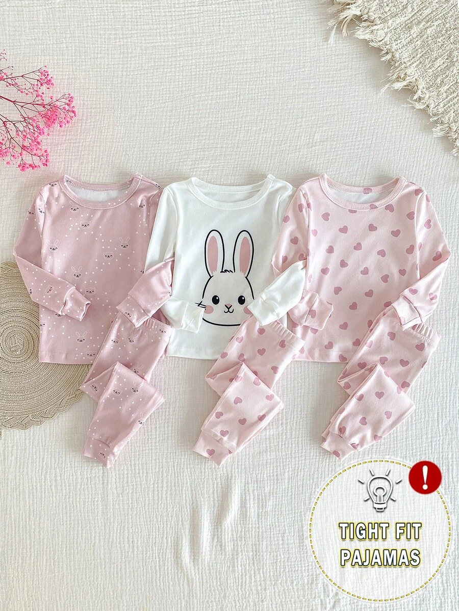SHEIN Vintaside Kids 6 件套女婴可爱心形印花兔子上衣，长袖荷叶边休闲舒适运动服套装 - 彩色 - 查看 1