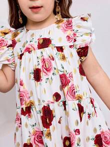 SHEIN 少女碎花圆领荷叶边下摆休闲连衣裙 - 粉色 - 查看 5