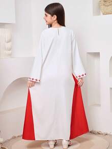 SHEIN Rochie preadolescentă cu imprimeu în blocuri de culori și mânecă lungă, linie A - roșu - Vizualizare 10