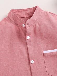 一件青少年男士绅士风衬衫，粉色百搭修身长袖立领衬衫，优雅学院风个性休闲外套，适合婚礼、婚礼宾客、花童、戒指童等场合 - 粉色 - 查看 8