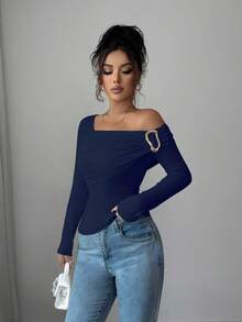 SHEIN Elenzya 女款優雅海軍藍金色金屬鈕扣露肩套頭衫，秋季新款百搭通勤風夜店休閒T恤 - 藏蓝色 - 查看 5