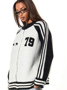 SUMWON WOMEN Oversized Varsity Style Zip Through Knitted Cardigan With Number 79 Print And Star Details - White - View 4