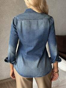 EMERY ROSE 女士骑士刺绣长袖单排扣休闲牛仔衬衫 - 藍色 - 查看 2