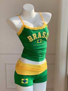 SHEIN EZwear 女士绿色吊带背心和短裤两件套，简约时尚休闲日常穿着