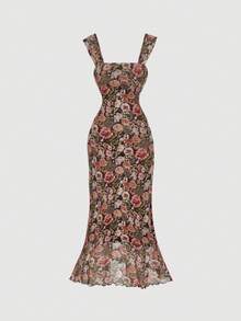 SHEIN MOD 卡其色碎花鱼尾下摆长裙 - 复古 70 年代、Y2K、约会、派对、宫廷、节日、生日、舞会、波西米亚风、垃圾朋克 - 彩色 - 查看 5
