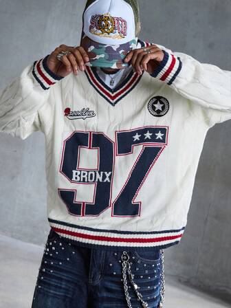 Street Life Herren V-Ausschnitt Pullover mit Nummer Stickerei, Langarm, Lässig, Loose Fit Strickpullover