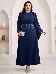Veilorie Robe élégante plissée avec décoration de strass et manches évasées pour femmes grandes tailles