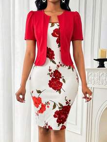 SHEIN Lady 春夏优雅蓝色日常通勤连衣裙，适合女士参加派对、新年、舞会、生日等场合，商务休闲，情人节时尚派对商务女性优雅通勤纯色泡泡袖上衣搭配印花修身无袖连衣裙套装两件套 - 彩色 - 查看 6
