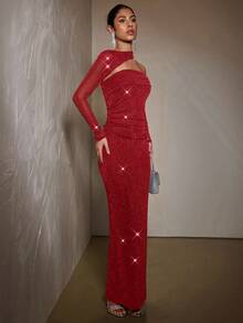 SHEIN BAE 优雅黑色不对称领长袖修身连衣裙，黑色连衣裙，正式礼服，派对礼服，鸡尾酒礼服 - 紅色 - 查看 7