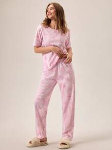 Women COTTON 2pcs Striped&Bow Pattern Round Neck Short Sleeved Shirt&Pants Homewear Cute Pajama Set - Pink - View 5
