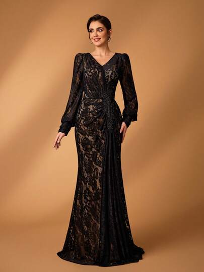 Serin Elegant Luxurious Embroidered Elastic Lace Puff Sleeve Ruched Fishtail Dress With Rhinestone Buttons, Suitable For Weddings, Parties, Vacations, Galas, Holidays, Bride, Mother Of The Bride Evening Gowns