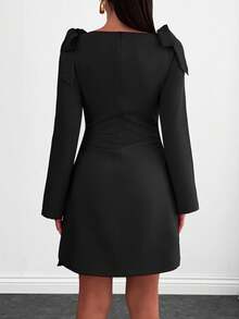 EURMUSE 女士，秋季，短款连衣裙，肩部系带，拉链，喇叭袖 - 黑色 - 查看 2