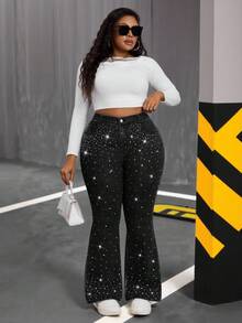 Slaydiva Quần jean cỡ lớn, quần jean cạp cao, quần jean ống loe bó, quần jean ống loe denim đính đá, quần jean xanh hoàng gia, thời trang đường phố, trang phục hẹn hò, trang phục dự tiệc và lễ hội âm nhạc, Y2K - màu đen - Xem 4