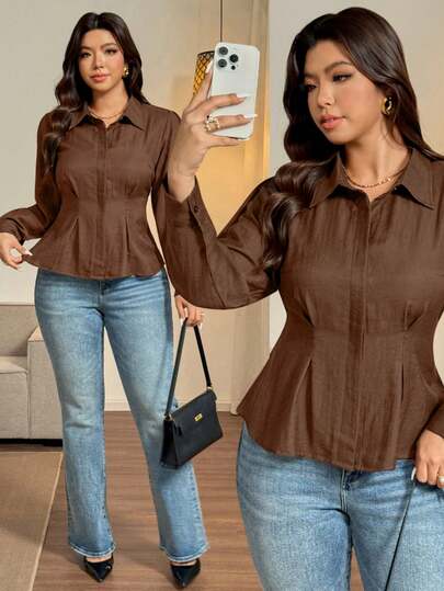 Vionelle Camisa de manga larga con cuello y botones, mezcla de lino, con fruncido en la cintura, para mujer de talla grande, estilo vintage francés para oficina/casual, versátil para otoño/invierno, adecuada para Halloween, Navidad, Acción de Gracias, té de la tarde, fiestas, Año Nuevo