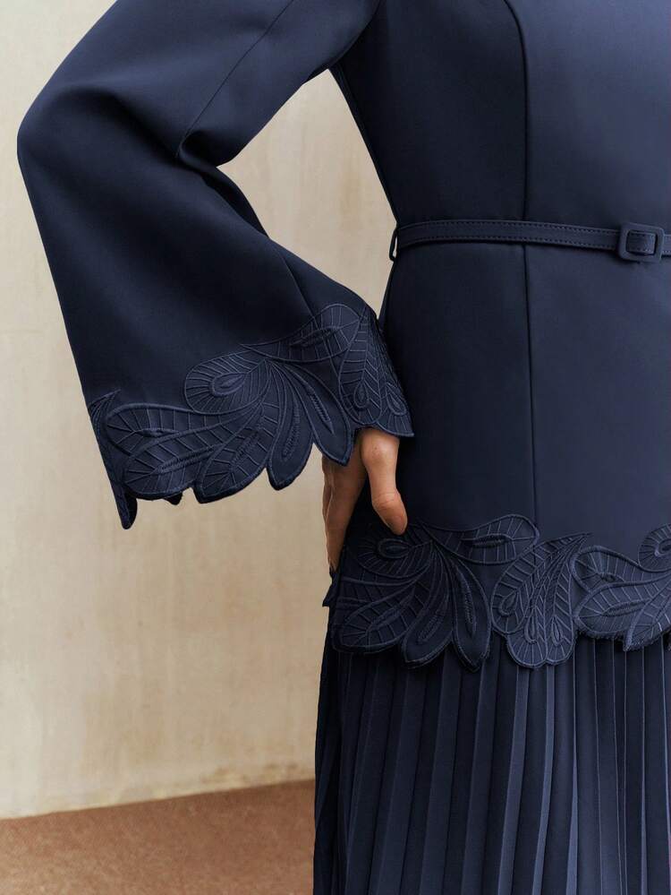 Women's Vintage Elegant Embroidered Waist Pleated Dress, Cozy Fall And Winter Clothes, Navy Blue