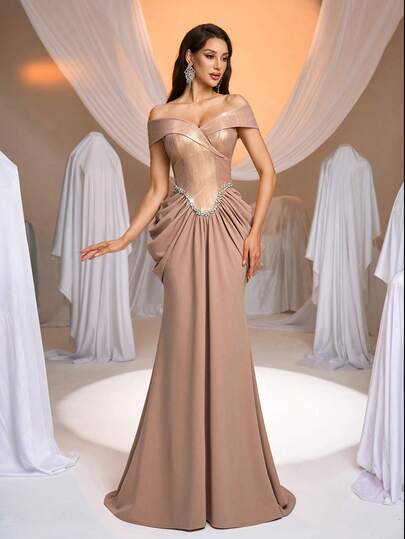 Aureia 优雅奢华水钻露肩弹力针织拼接褶皱鱼尾连衣裙，适合婚礼、派对、节日、盛会和正式场合（重磅款）