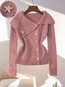 SHEIN LUNE Elegant Metallic Starfish Button Decor Collared Waist Cinched Cardigan, Blogger Style, Slim Fit - Dusty Pink - View 5