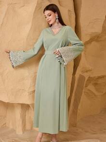 Al Najma Women's New Fashionable Elegant Luxurious Sequin Mesh Sleeve Sequin Ribbon Splice Lace Collar Embroidered Waistband Slimming Long Arabic Dress - Green - View 6