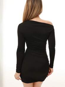 Katetique Asymmetrical Shoulder Ruffle Long Sleeve Elastic Waist Short Casual Dress,Ladies Elegant Asymmetrical,Ruched Long Sleeve Asymmetrical Neck Slim Fit Short Black Regular Sleeve Plain Bodycon Women Short Dresses,Spring/Fall,Party/Nightclub Outfits