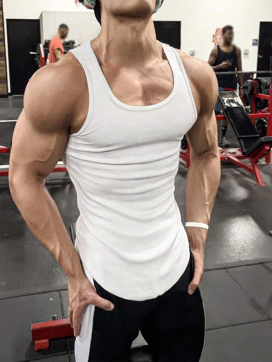 GymBeat Boyfriend Style Men's Solid Color Simple Summer Sports Tank Top School Workout Top Gym Top White Tank Top Breathable, Lightweight - White - View 1