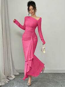 Elenzga 女士优雅时尚通勤魅力长袖不对称领收腰褶皱修身纯色纹理针织长裙 - 玫紅色 - 查看 4