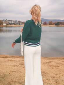 Sydney Algeri Pullover mit Buchstaben-Flicken und Streifenbesatz, Langarm-Oberteil - Dunkelgrün - Übersicht 2