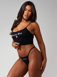 Missguided x Playboy Träumerin Cami Top und String Set, Spaghettiträger Crop Top Unterwäsche Lingerie Nachtwäsche Dessous für Valentinstag - Schwarz - Übersicht 3