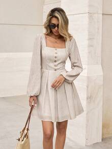 Pariaura 女士冬季法式优雅简约方领长袖露背系带A字短条纹连衣裙 - 杏色 - 查看 6