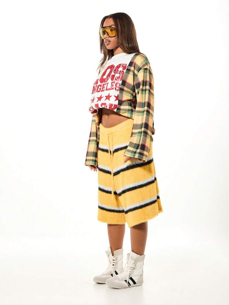 SUMWON WOMEN Fuzzy Striped Knit Shorts With Drawstring