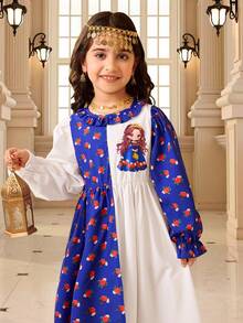 1pc Girls Ditsy Floral Blue Dress With White Long Sleeve, Fashionable, Elegant, Versatile, Retro, Suitable For Outdoor Play, Parties, Gatherings, Summer - Purple - View 3