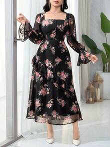 Modelyn Women's Floral Print Square Neck Flare Sleeve Single-Breasted Elegant Ruffle Hem Dress - Black - View 4