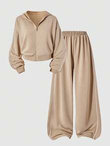 SHEIN ChillGRL 少女落肩拉链连帽衫外套搭配阔腿裤休闲装 - 卡其色 - 查看 3