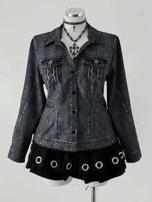 Sunspun 大码秋冬开襟牛仔印花假口袋长袖优雅复古休闲修身衬衫 - 黑色 - 查看 5