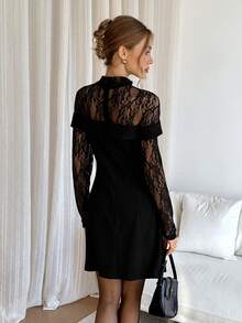 Siren Gaze Women's Elegant Ruched Waist Lace Patchwork Long Sleeve Bodycon Dress, Black Black Lace Dress Long Sleeve Elegant Dress Sexy Elegant Dress