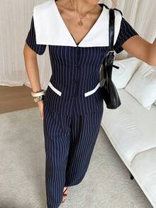 Siren Gaze Women's Striped Short Sleeve Single-Breasted Shirt And Pants Casual Suit - Navy Blue - View 2