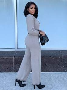 Alexandranx Costum de casă lejer din lână pentru femei, costum de casă confortabil, costum de leisure, set de două piese, seturi de casă pentru femei, 2 piese, seturi de lounge, pantaloni pentru femei, set de două piese, maro, set confortabil de două piese, set de pulover, ținute de toamnă și iarnă, set de două piese, pantaloni, set tricotat, set bej, două piese - Kaki - Vizualizare 6