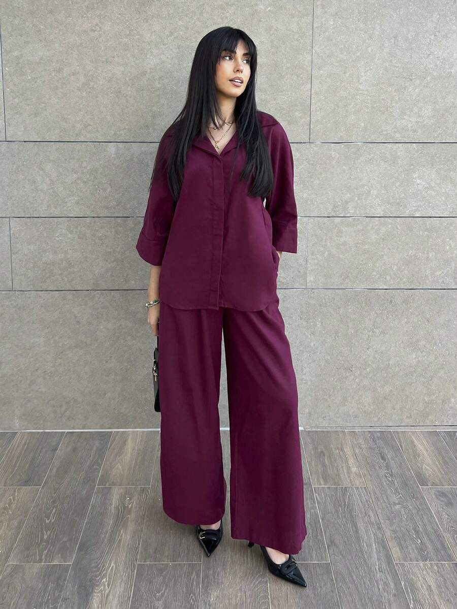 Hitanina 2 件套女士混纺侧开衩宽松衬衫和高腰阔腿裤优雅商务休闲女装 - 酒紅色 - 查看 1