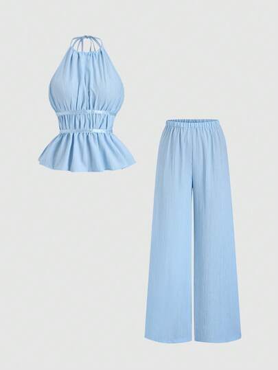 Sweetra French Style Loose Solid Color Cinched Waist Halter Top & Wide Leg Pants Casual Two Pieces Set For Women