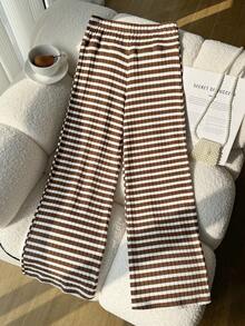 Girls' Casual Striped Pleated Waist Wide-Leg Pants With Striped Print, Brown Striped Flared Pants, Suitable For Daily Outings, Spring And Autumn Pants - Brown - View 4