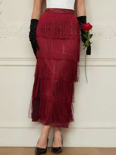 Aveloria Rosie Elegant European-Style Satin Material Party Tassel Decor Sexy Bodycon Maxi Skirt For Women