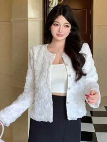 DAZY Women's Elegant Plain Textured Round Neck Blouse, Autumn/Winter - White - View 5