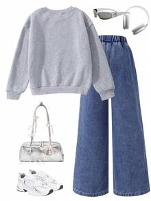 Sparklyn 2pcs/Set Tween GirlsCasual Loose Butterfly Print Sweatshirt & Pink Washed Loose Butterfly Embroidered Straight Leg Jeans