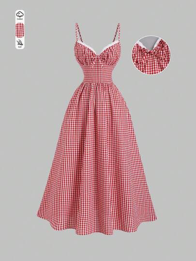 Sweetra 复古法式乡村风红色格子吊带连衣裙，甜美蕾丝边饰，修身长款设计，优雅甜美，适合早春穿着，女士