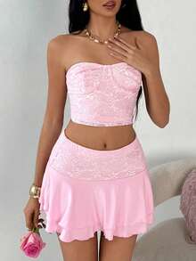 SHEIN TRNDY Women's Valentine's Day Pink Lace Bandeau Top And Ruffle Hem Mini Skirt 2 Pieces Set