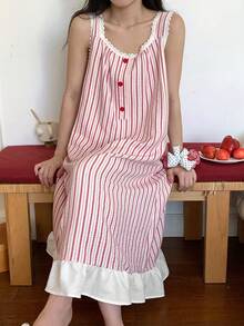DAZY Striped Ruffle Trim Adjustable Strap Midi Nightgown For Women - Red - View 8